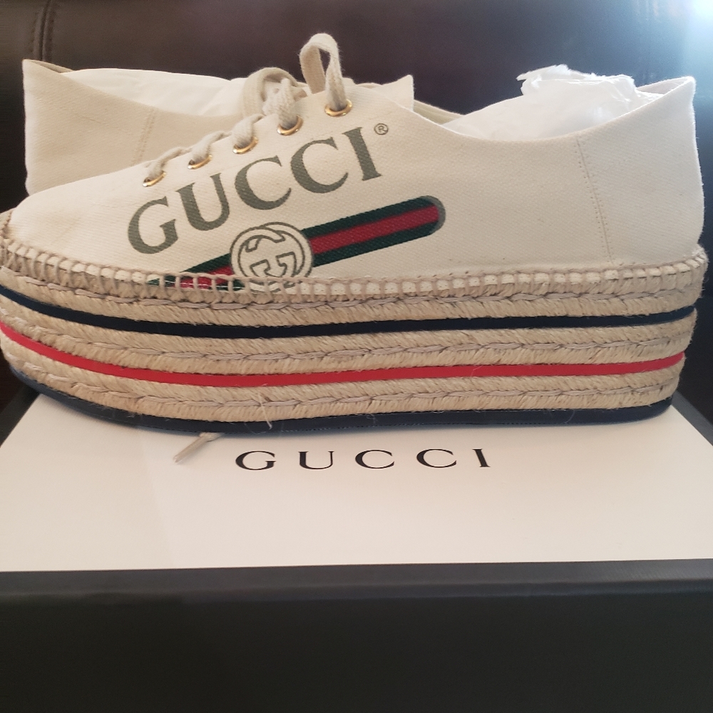 Gucci Cream Canvas Platform Espadrilles with Red and Navy Stripes - Picture 4 of 8